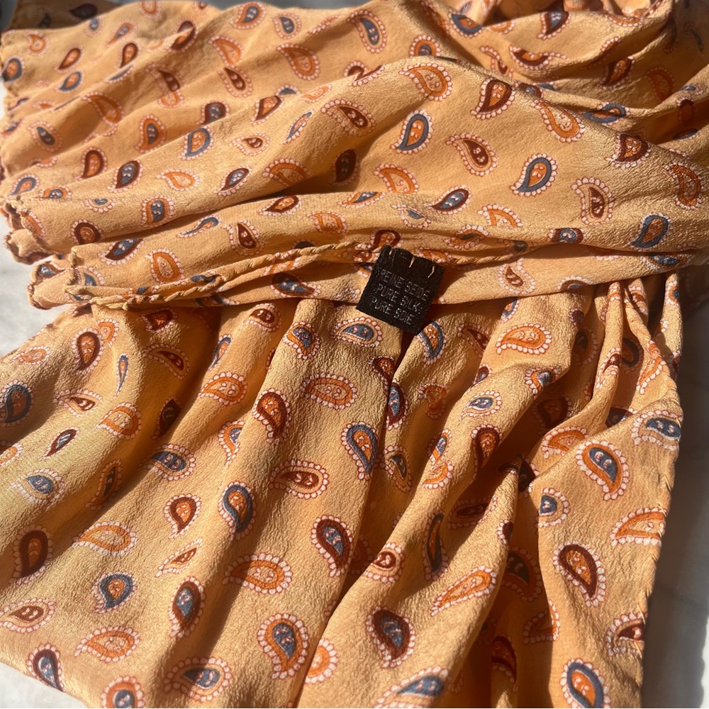 Paisley Pure Silk Scarf in Mustard Beige Color NWOT